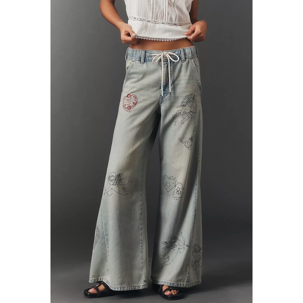 Anthropologoe Pilcro Adi Wide Leg Flare Elluna Tattoo Jeans NWT LP Drawstring
